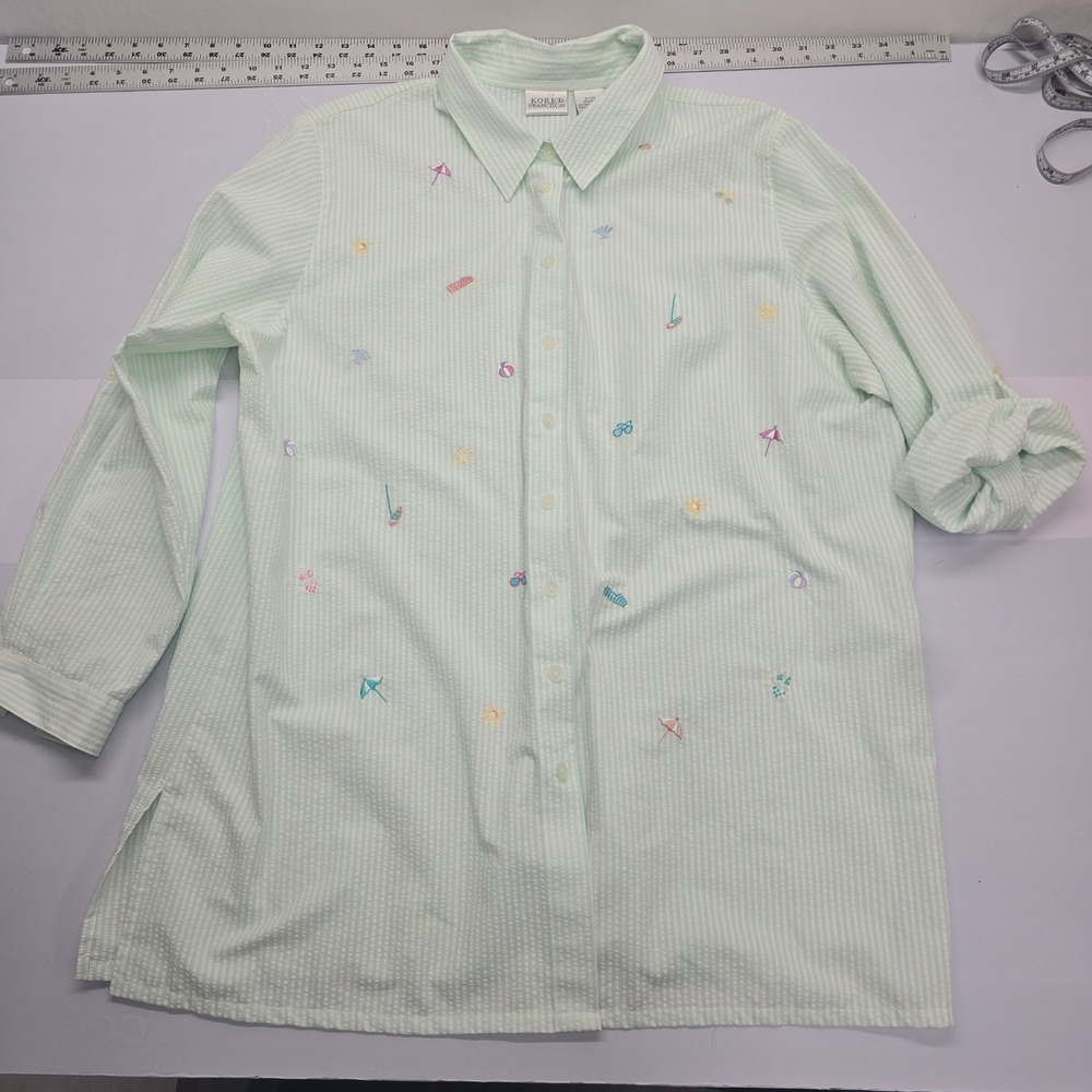 Koret Francisca Womens 18W Tunic Striped Seersucker Beach Embroidered Shirt